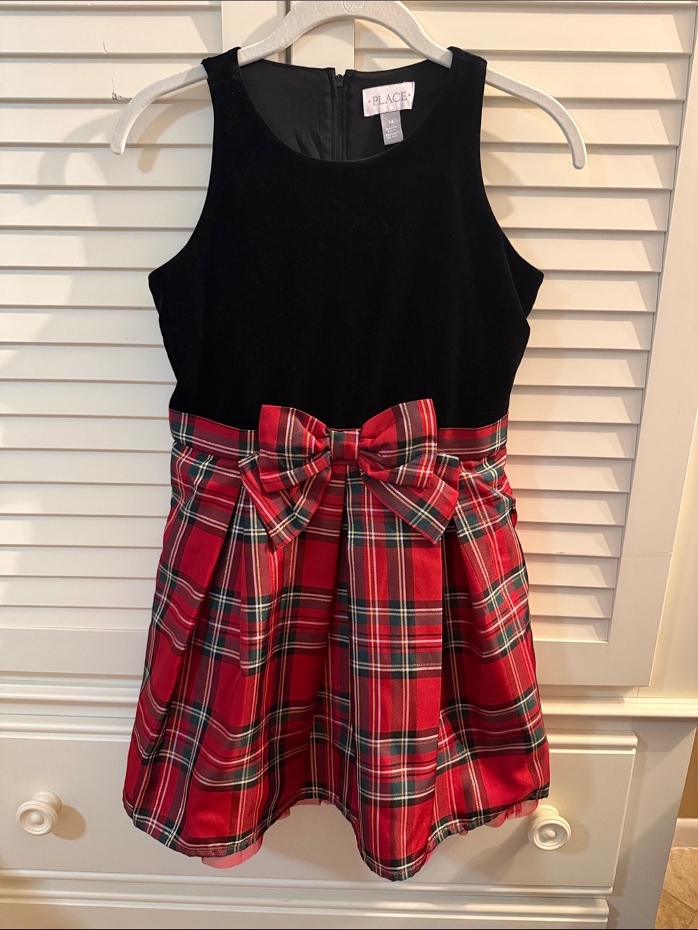The Children's Place Black Velvet Bodice Red Plaid Bow Dress